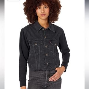 NWT Levi’s Ex-Boyfriend Hybrid Trucker Jacket Black Fleece Sleeves Womens XL $90